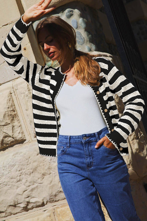 Gold-Tone Button Stripe Pattern Crew Neck Long Sleeve Knit Cardigan Sweater